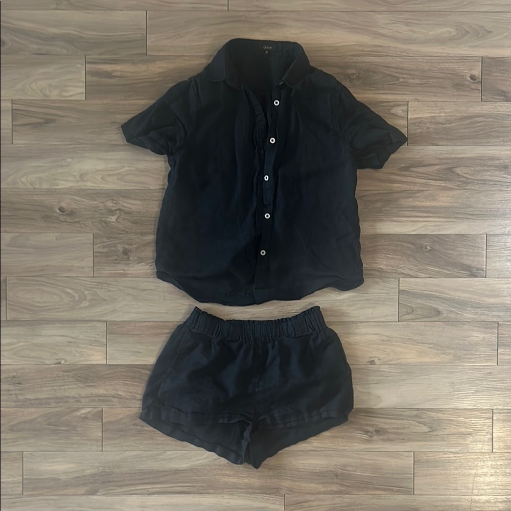 Quince Women’s Linen Button-Up Shirt & Shorts Pajama Set, Black, Size XS